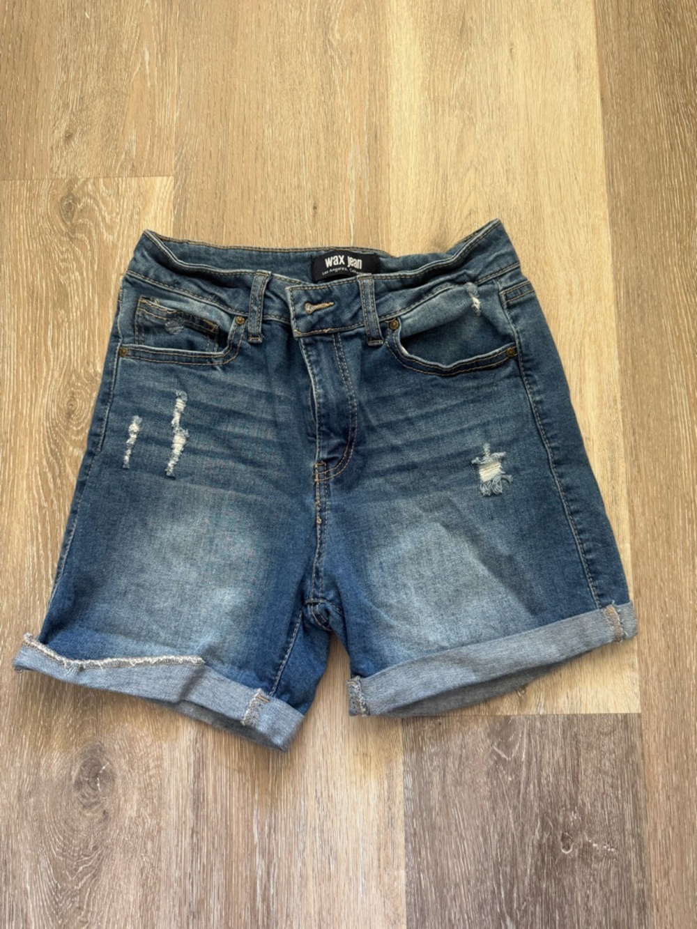 Wax Jean Distressed Rolled Cuff Denim Shorts - Dark Blue